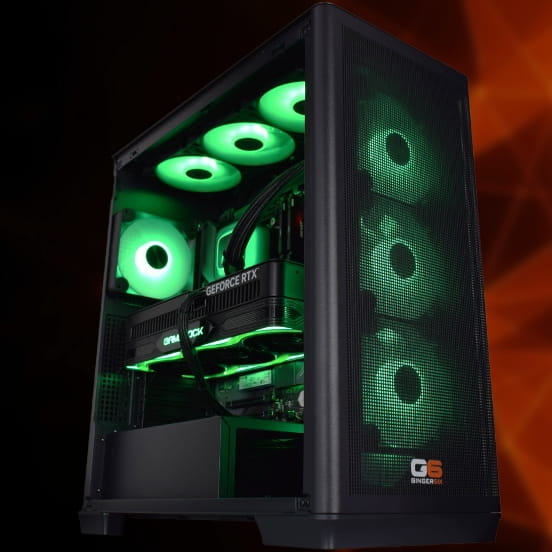 Nvidia GeForce gaming PC built by Ginger6 in Wolverhampton, shown with RGB lighting and a tempered glass panel